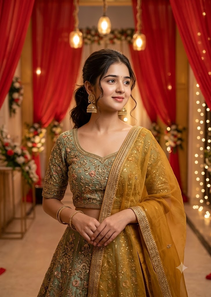 Sage Green and Gold Indian Bridal Lehenga Portrait | Luxury Wedding Fashion Editorial AI image prompt
