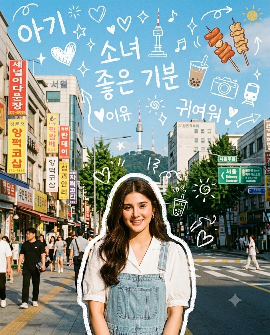 Seoul Korea travel poster AI image prompt Gemini | Korean woman sticker, chalk doodles and vintage film collage