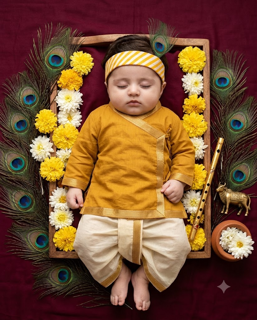 Sleeping Baby Krishna Portrait with Peacock Feathers AI Image Prompt