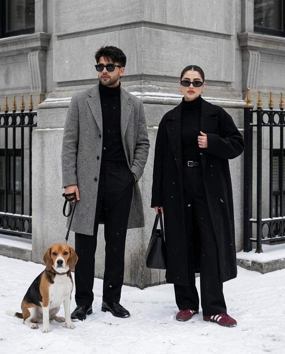 Winter couple portrait AI image prompt Gemini | Old money coats, beagle dog and luxury snowy street style