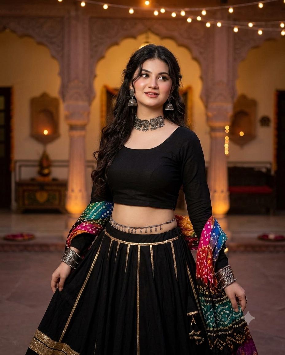 South Asian Bandhani lehenga portrait AI image prompt | Black crop top, flared skirt and oxidized silver jewelry