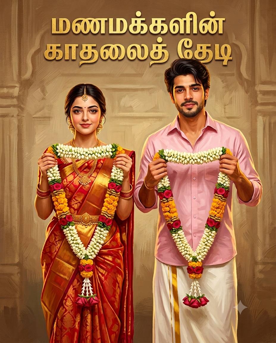 South Indian wedding couple portrait AI prompt | Red gold saree and traditional oil painting style