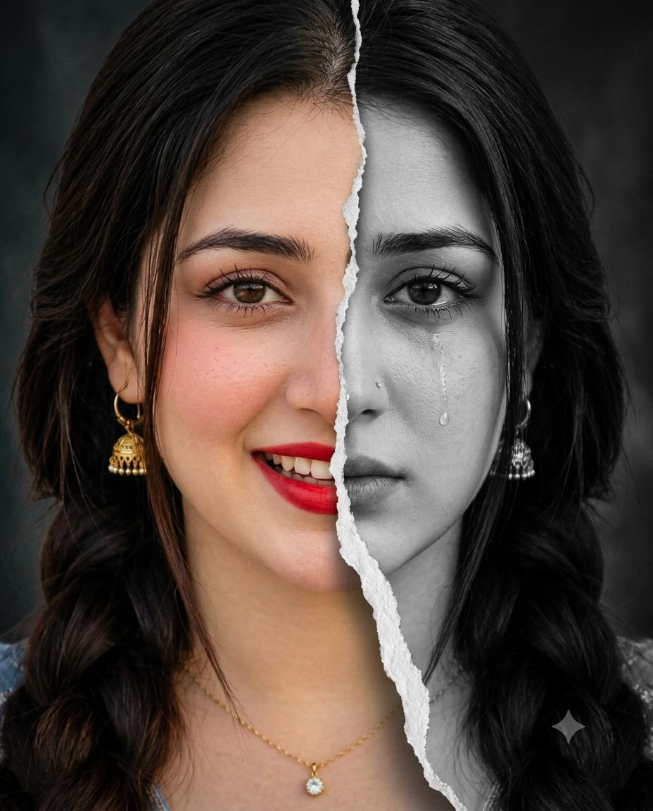 Split Face Emotional Portrait AI Image Prompt Gemini | Color vs Black-and-White Photography