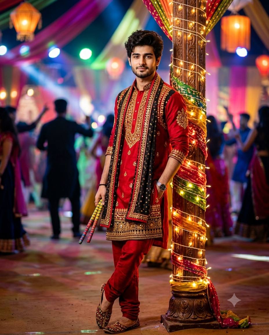 Dandiya night AI prompt | Red-black mirror work & Navratri lights