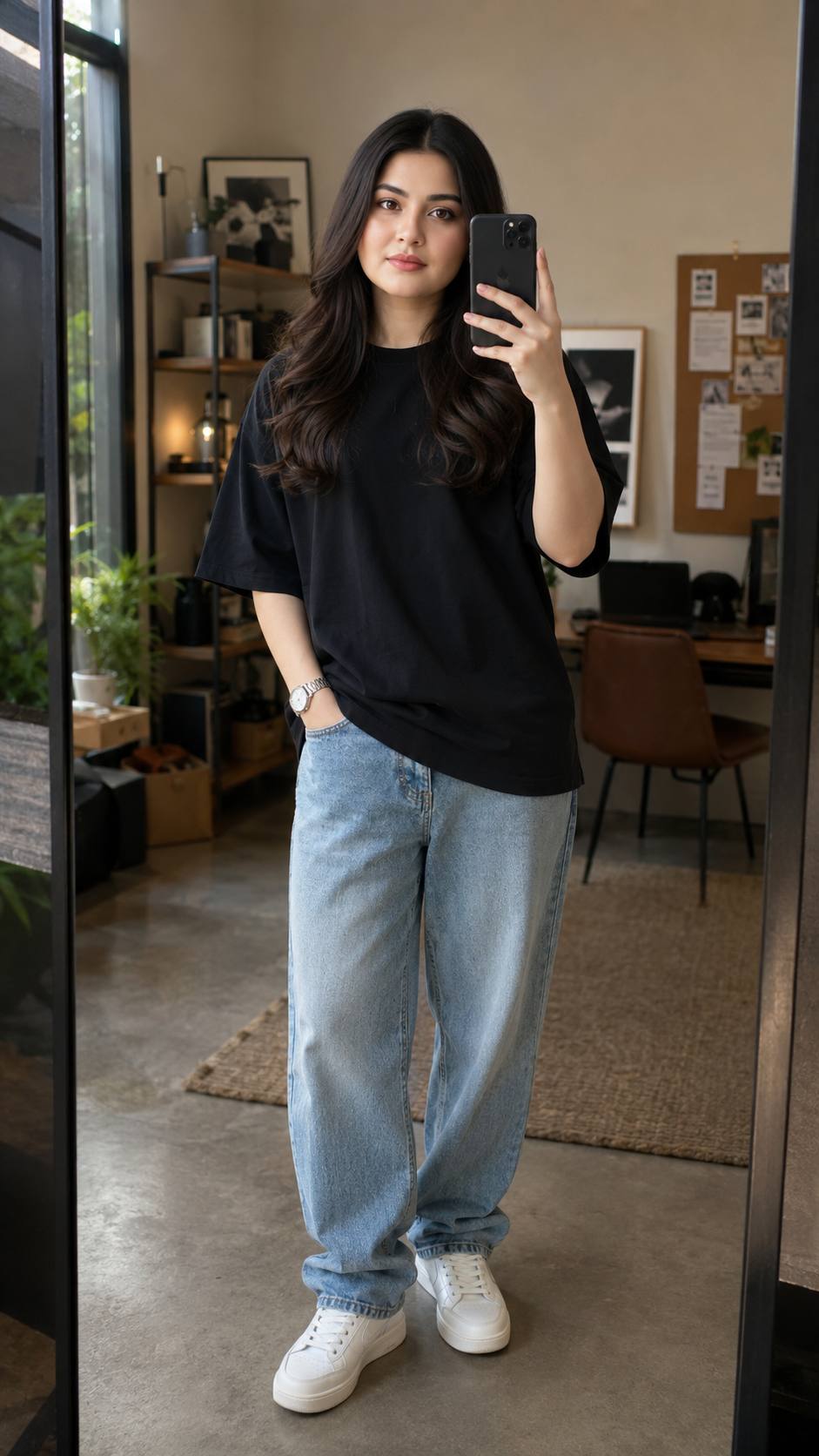 Stylish Mirror Selfie Portrait in Modern Studio | Photorealistic Streetwear AI Image Prompt