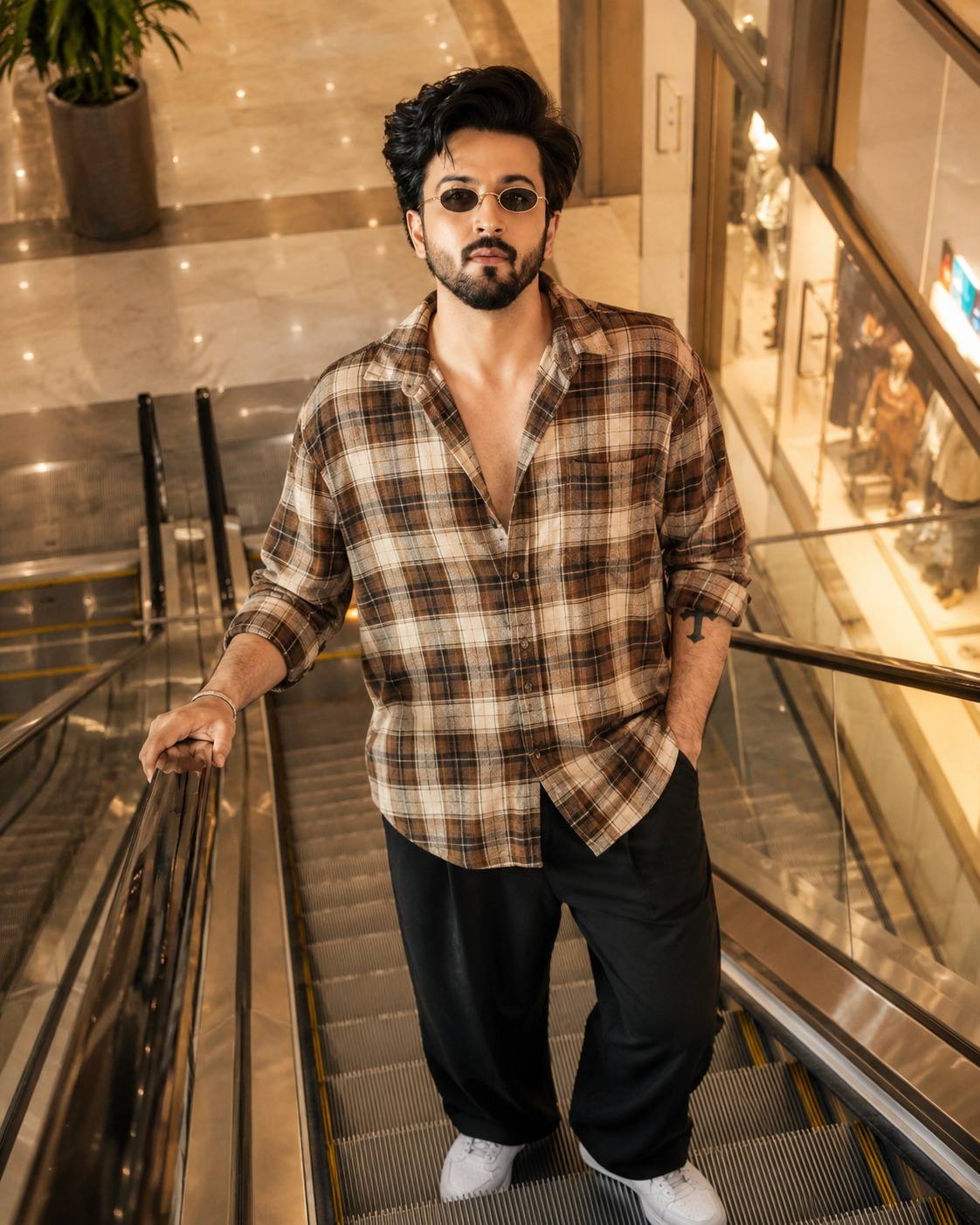 Stylish South Asian Man on Mall Escalator | Trendy Streetwear Fashion AI Image Prompt