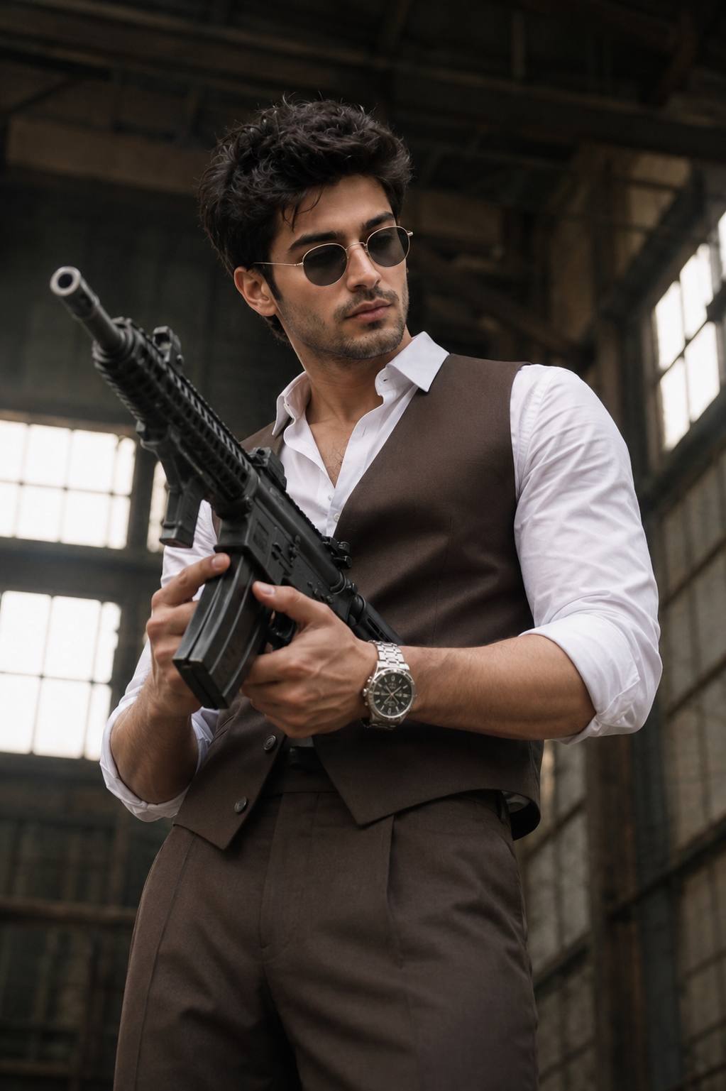 Stylish South Asian Man with Rifle | Cinematic Low-Angle Luxury Fashion AI Image Prompt