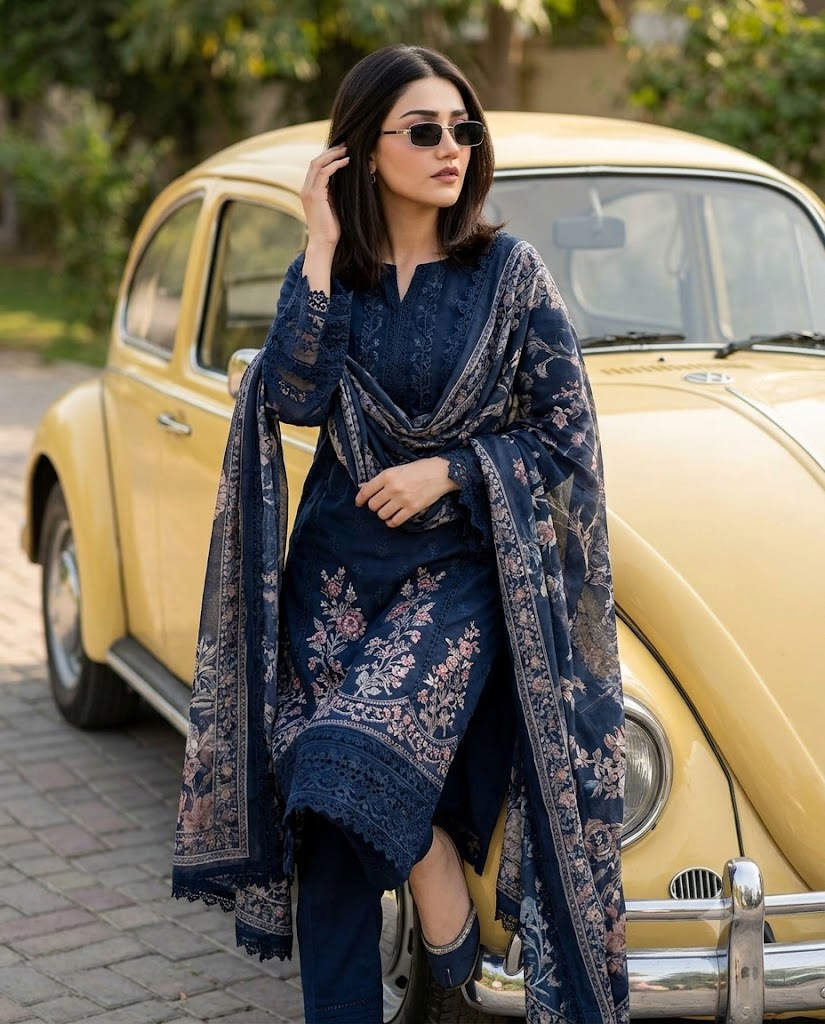 Stylish South Asian Woman with Yellow Vintage Car AI Image Prompt