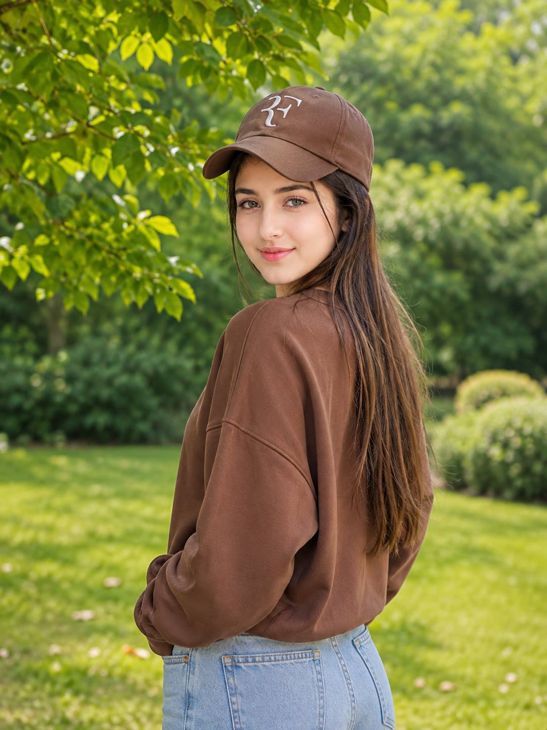 Stylish Woman in Brown Cap and Oversized Sweatshirt | Outdoor Nature Portrait Prompt