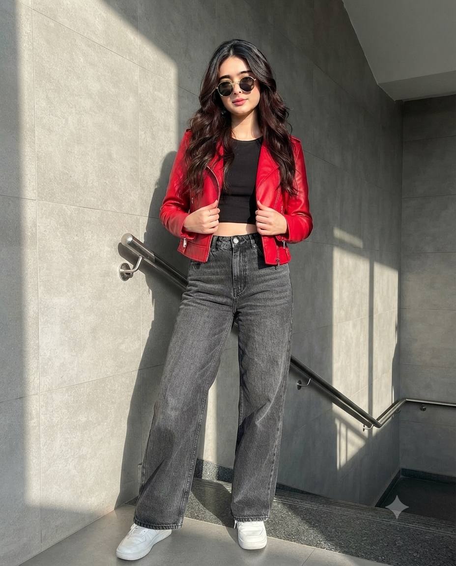 Stylish Woman in Red Leather Jacket on Modern Staircase | Fashion AI Image Prompt