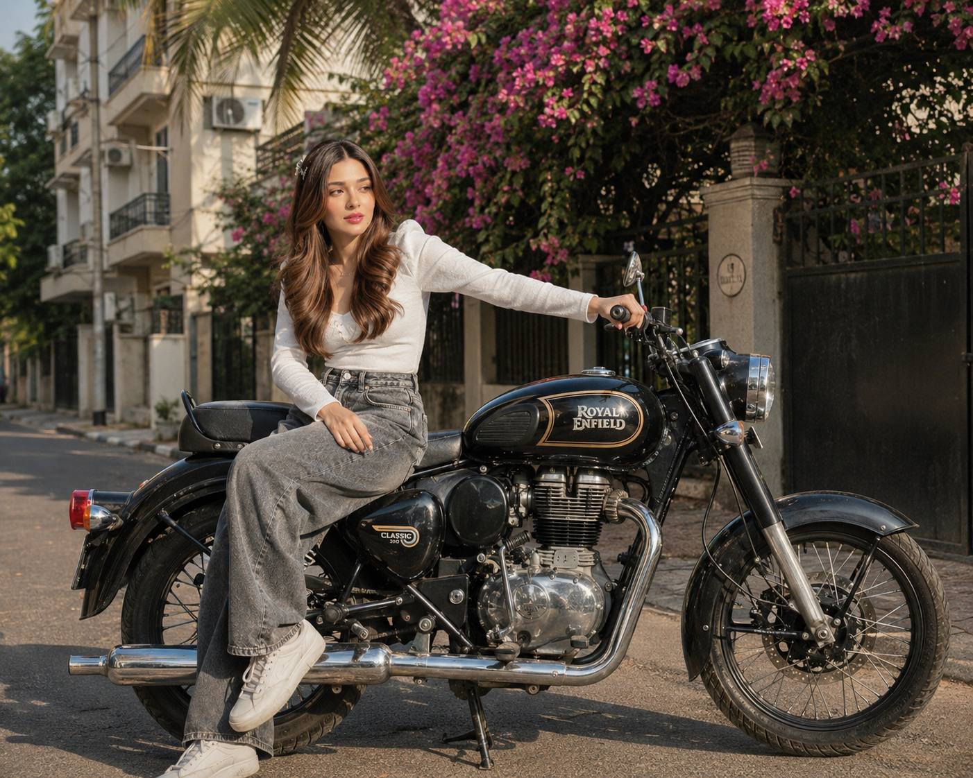 Stylish Woman on Royal Enfield Classic 350 – Ultra-Realistic Street Photography AI Image Prompt