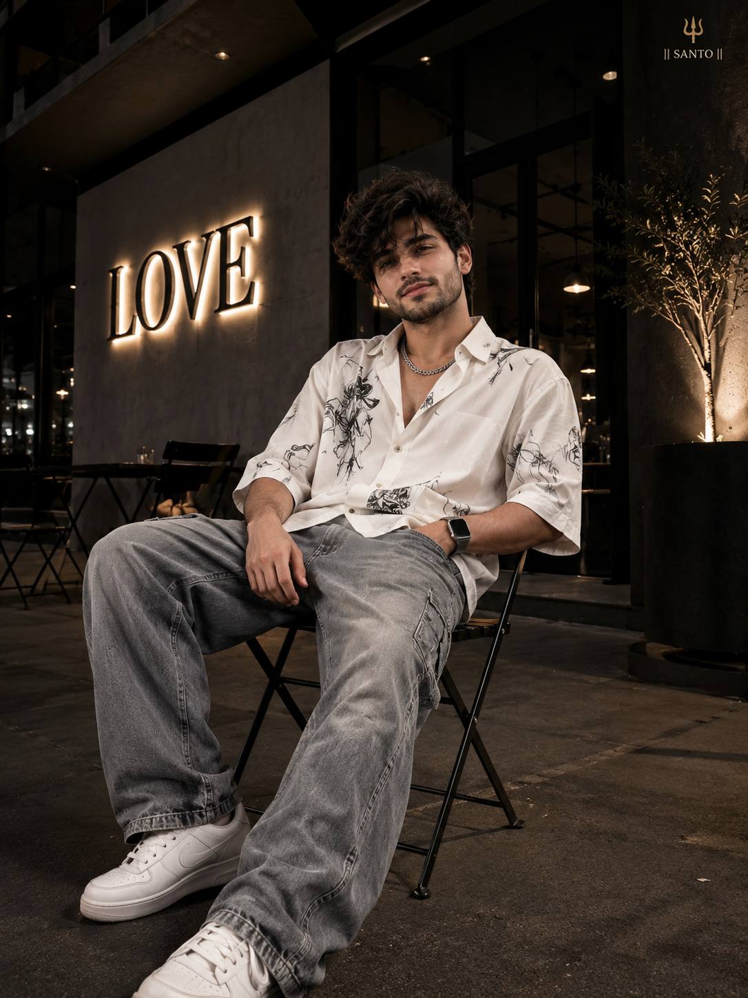 Stylish Young Man Night Café Streetwear Photoshoot | Realistic AI Image Prompt