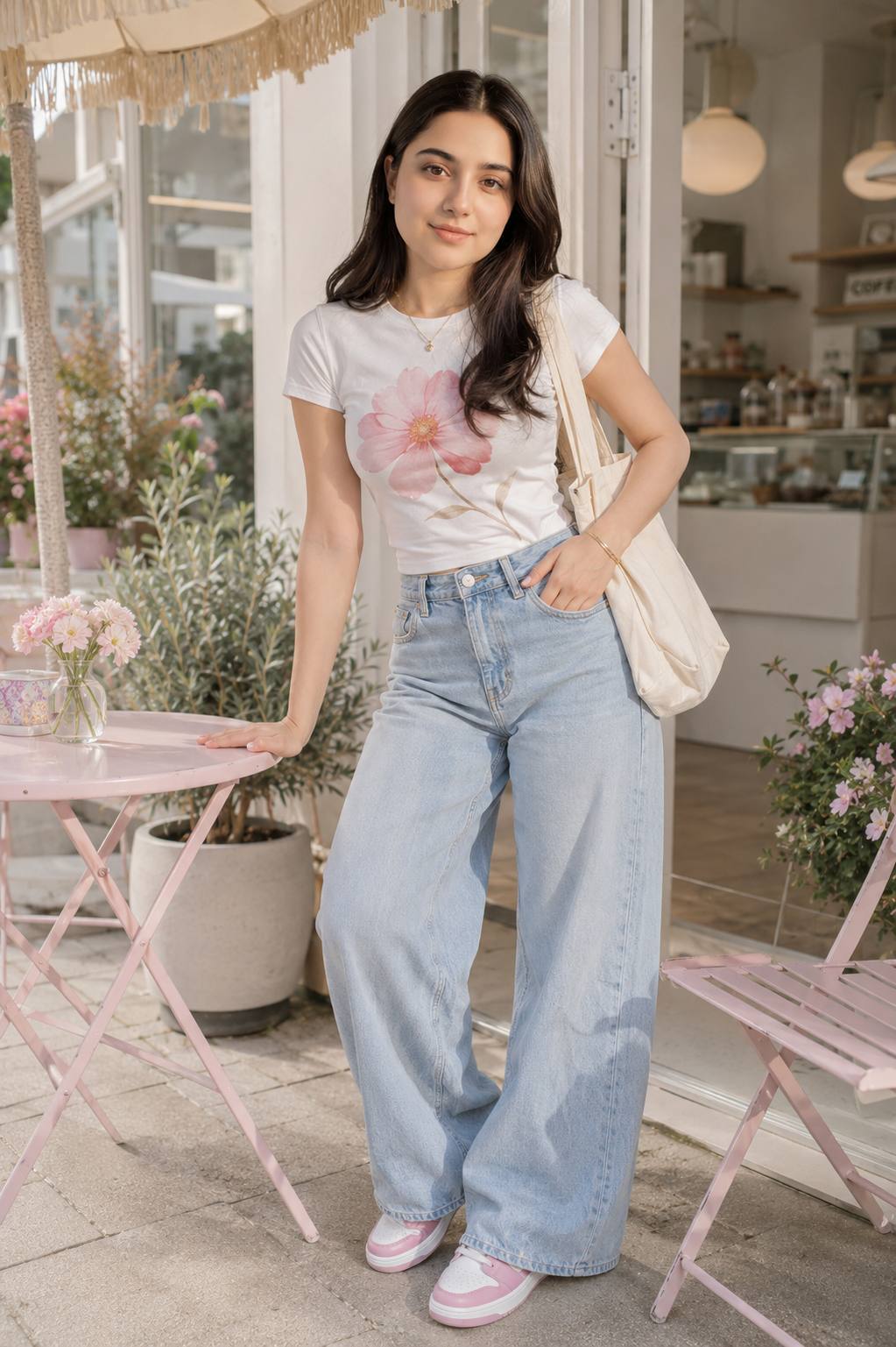 Stylish Young Woman in Pastel Outdoor Cafe – Modern Fashion AI Image Prompt