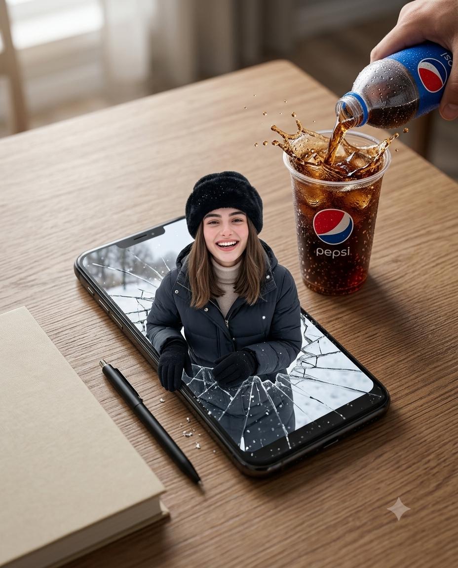 Pepsi 3D advertising AI image prompt Gemini | Smartphone breakout and cola splash
