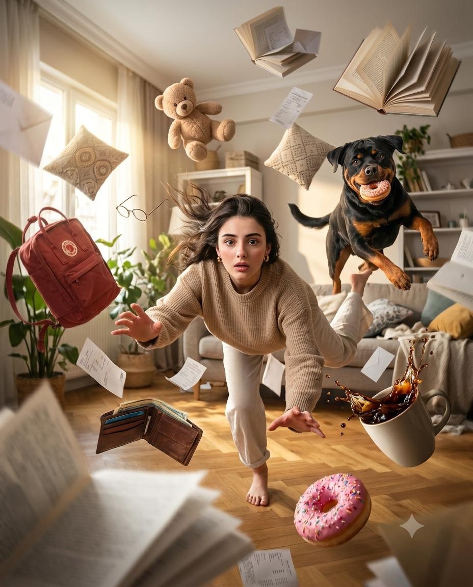 Surreal woman portrait AI image prompt Gemini | Floating books, playful Rottweiler and suspended coffee splash