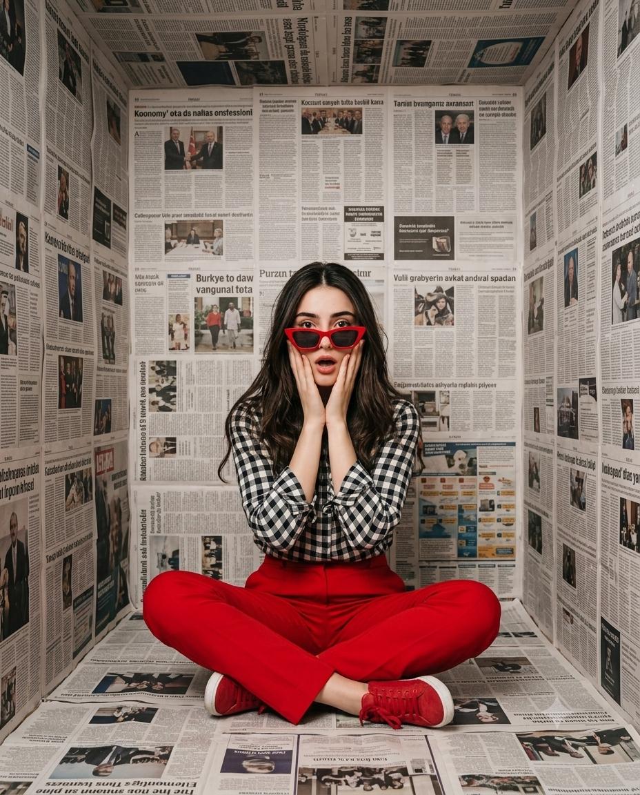 Surreal Newspaper-Covered Room Portrait AI Image Prompt Gemini |  Monochrome Editorial Style