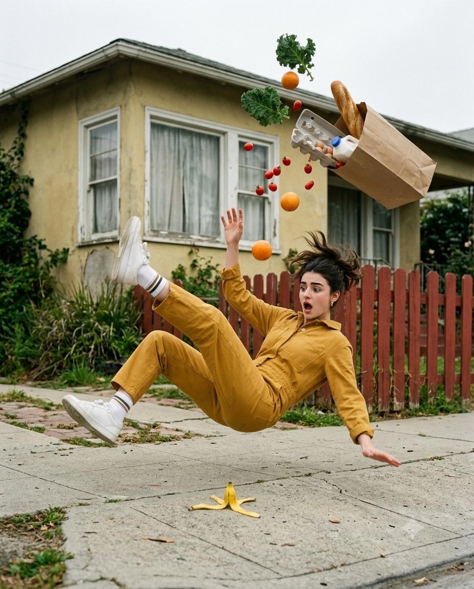Surreal grocery spill AI image prompt Gemini | Funny cinematic frozen-action photography