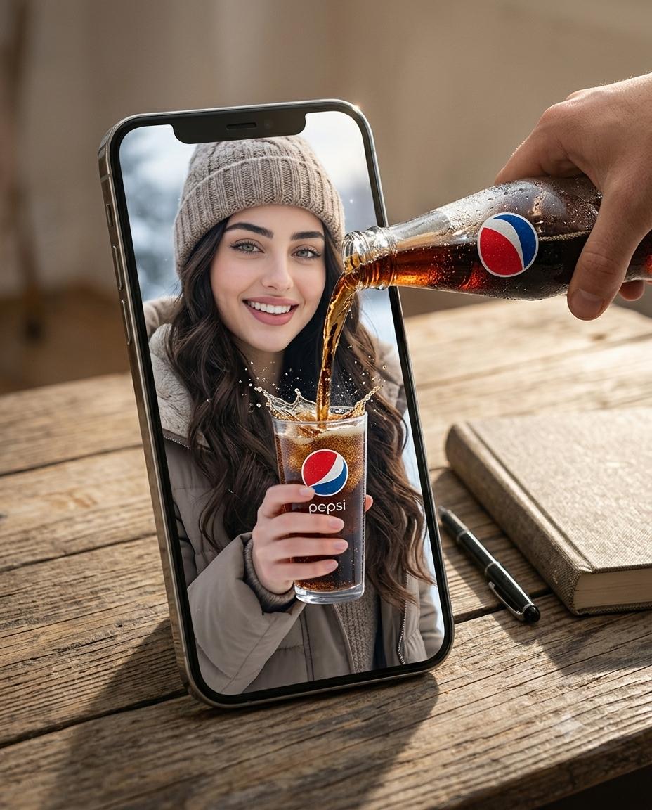 Pepsi Smartphone Ad AI Image Prompt Gemini | Surreal 3D Cola Pour & Hyper-Realistic Advertising