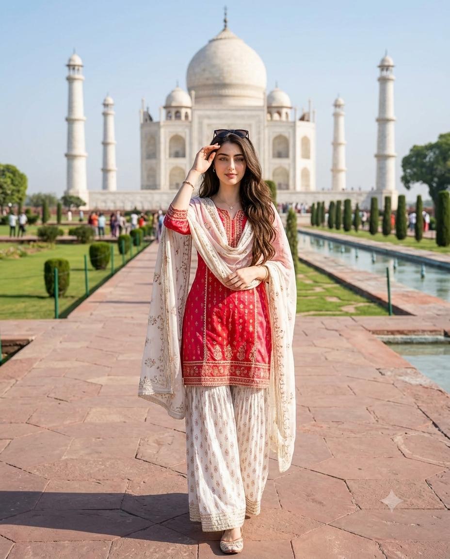 Taj Mahal portrait AI image prompt Gemini | Red-pink kurti, white sharara and exact face identity lock