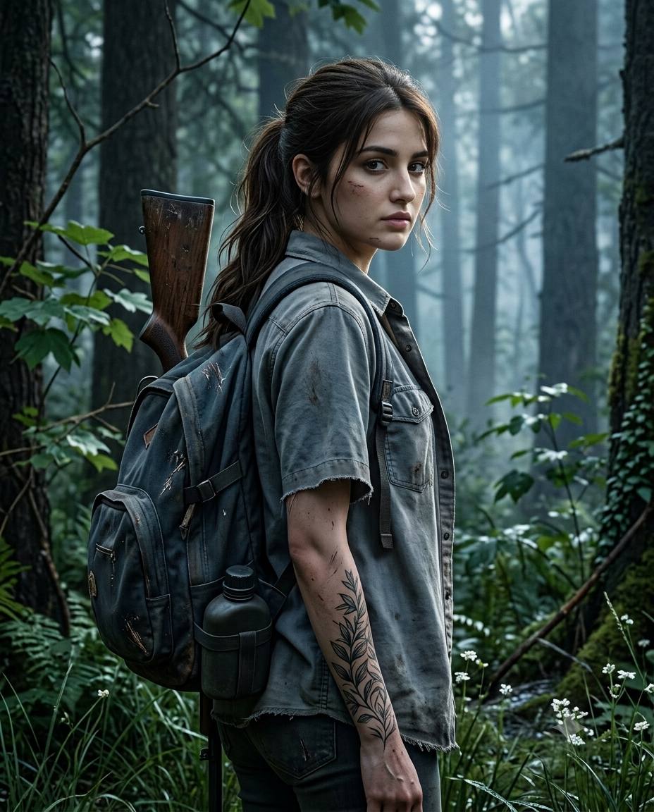 Ellie forest survivor AI prompt | Post-apocalyptic cinematic style