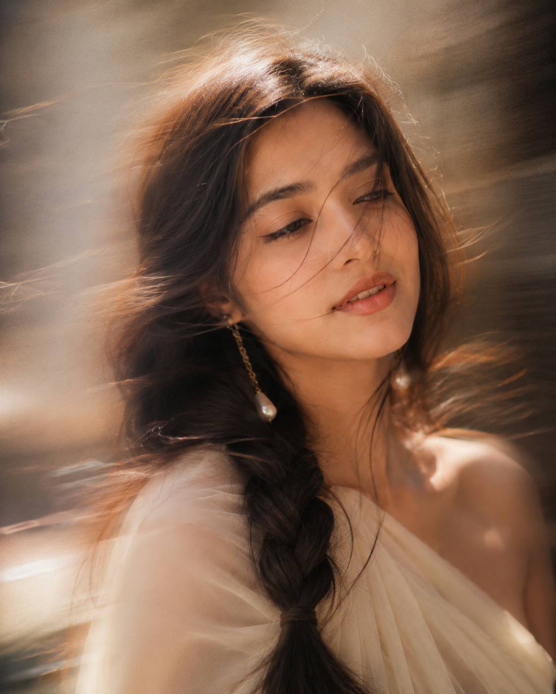 Dreamy Beauty Portrait AI Prompt – Ultra-Realistic Cinematic Motion Blur Photo