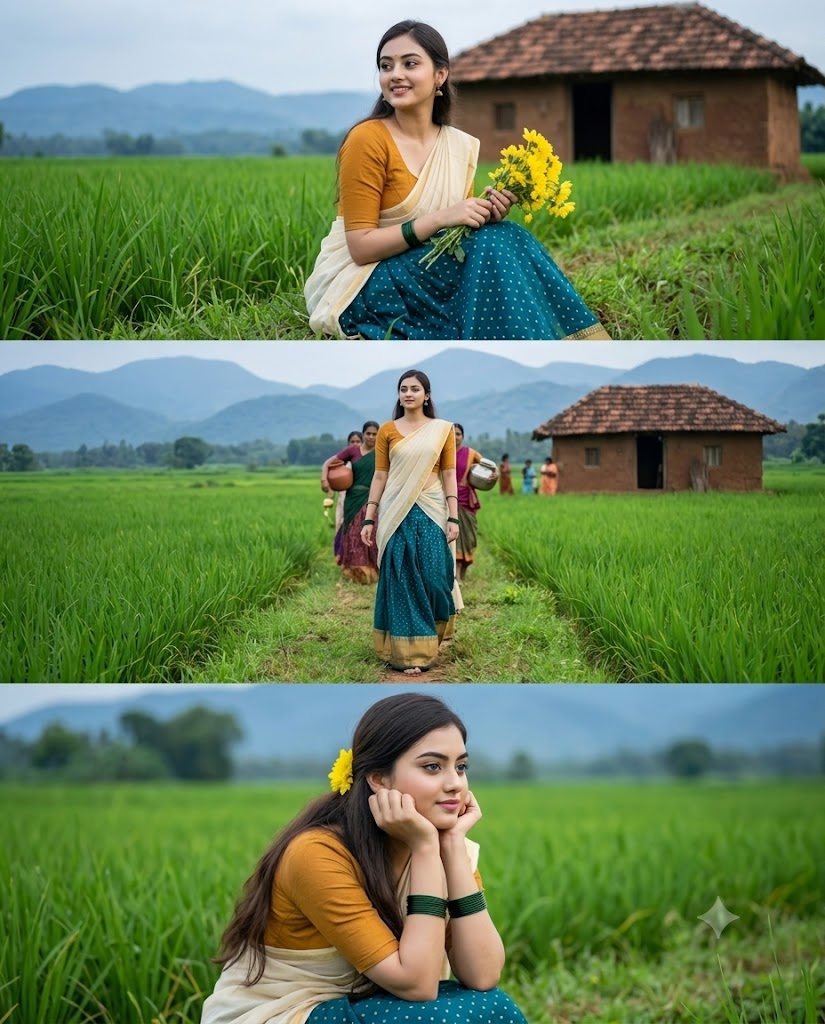 Ultra-Realistic 3-Panel Rural Indian Paddy Field Portrait AI Image Prompt