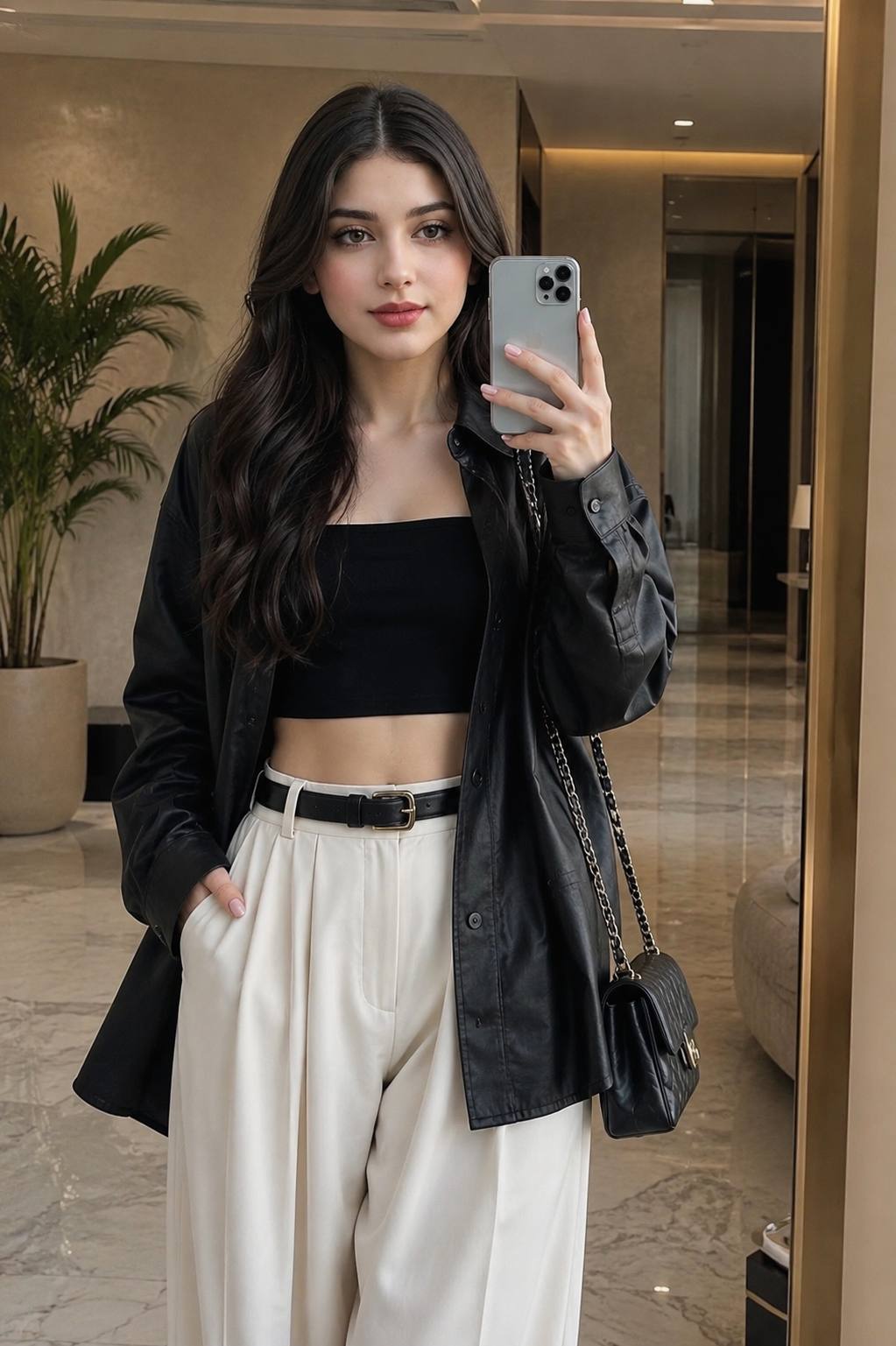 Ultra-realistic mirror selfie of a young woman luxury fashion aesthetic AI prompt