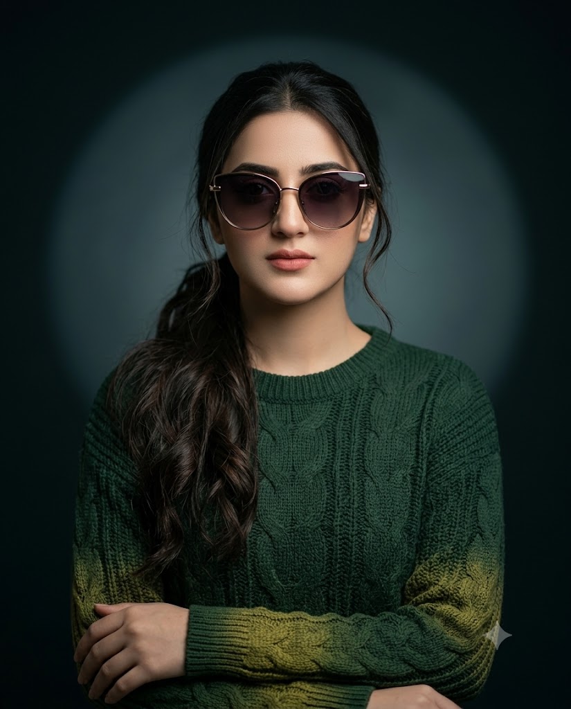 Ultra-Realistic Cat-Eye Sunglasses Portrait in Dark Green Knit Sweater AI Image Prompt