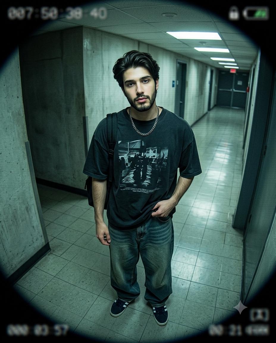 Streetwear portrait AI image prompt Gemini | Oversized graphic tee, baggy jeans and fisheye CCTV aesthetic