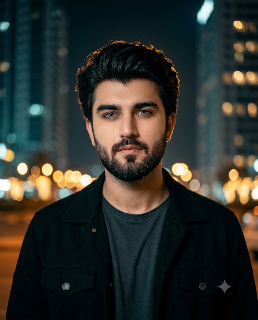 Ultra-Realistic Cinematic Night City Portrait of a Stylish Indian Man AI Image Prompt