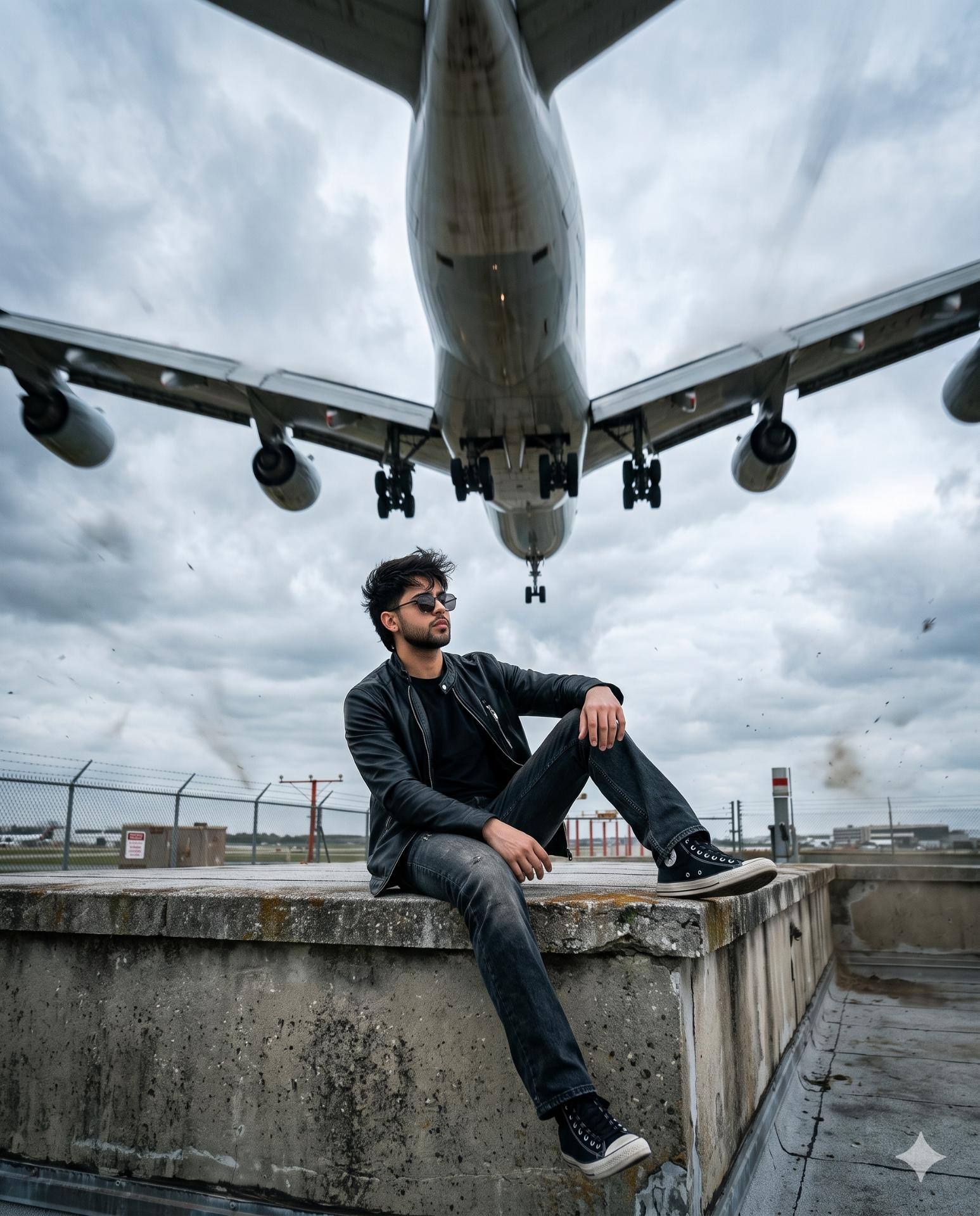 Man Under Airplane AI Image Prompt Gemini | Cinematic 8K Portrait & Dramatic Aviation Photography