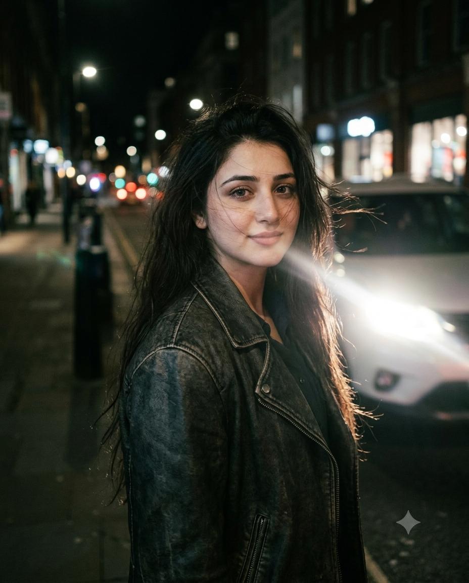 Cinematic Night Woman Portrait AI Image Prompt Gemini | Windswept Hair, Leather Jacket & Dramatic Car Headlights