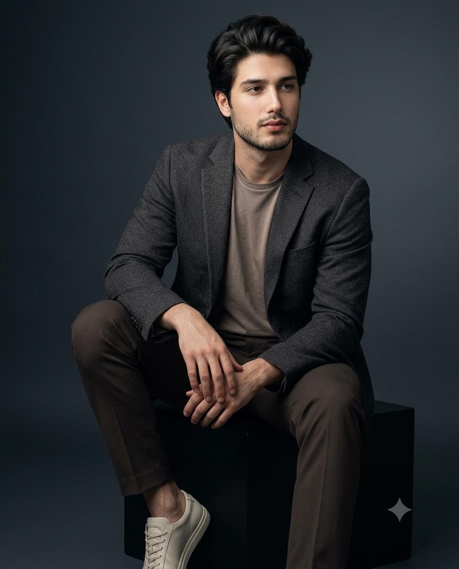 Executive Male Portrait AI Image Prompt Gemini | Charcoal Blazer, Taupe T-Shirt & Luxury Studio Photography