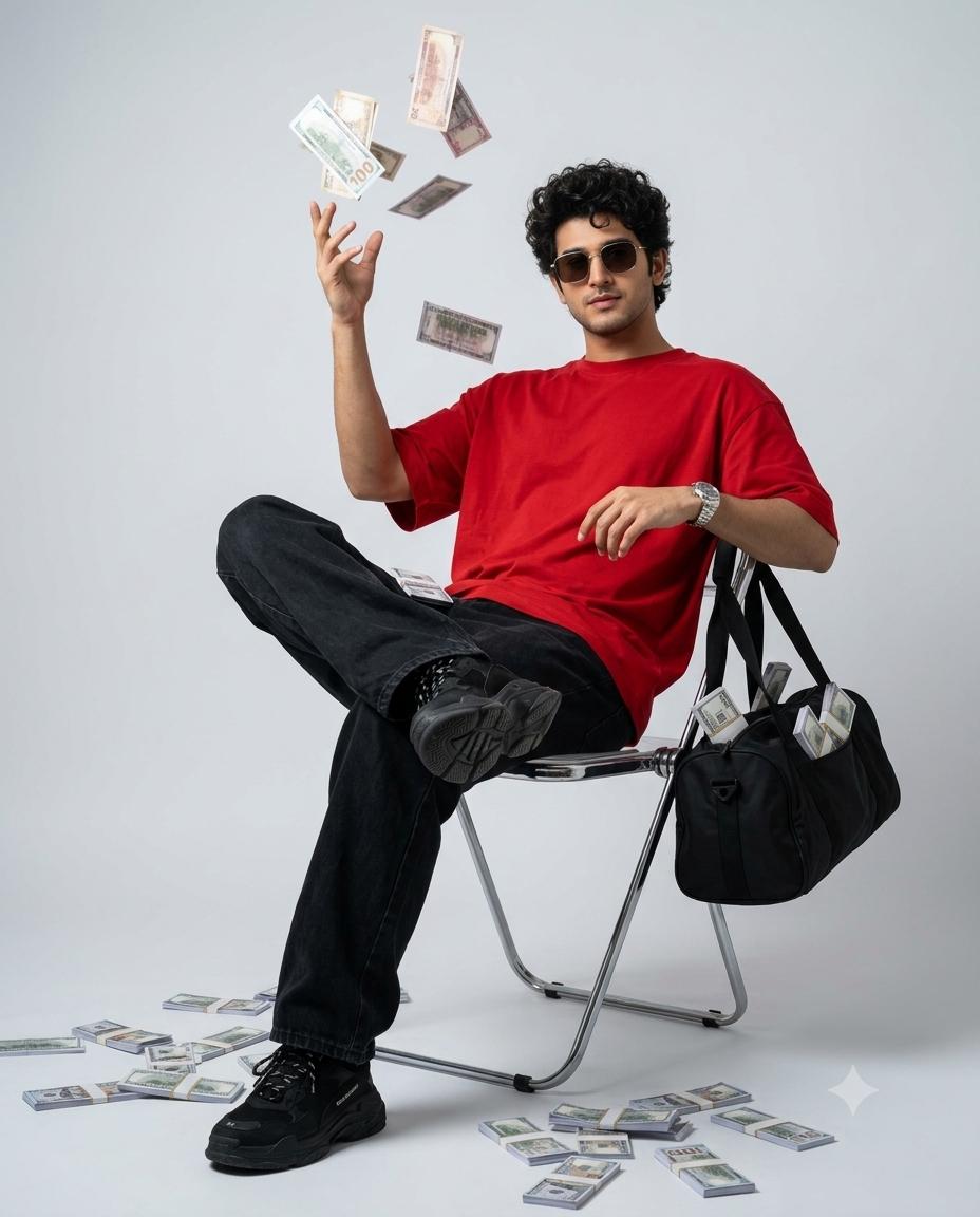 Young man streetwear portrait AI image prompt | Red t-shirt, cash and ultra-realistic luxury fashion editorial
