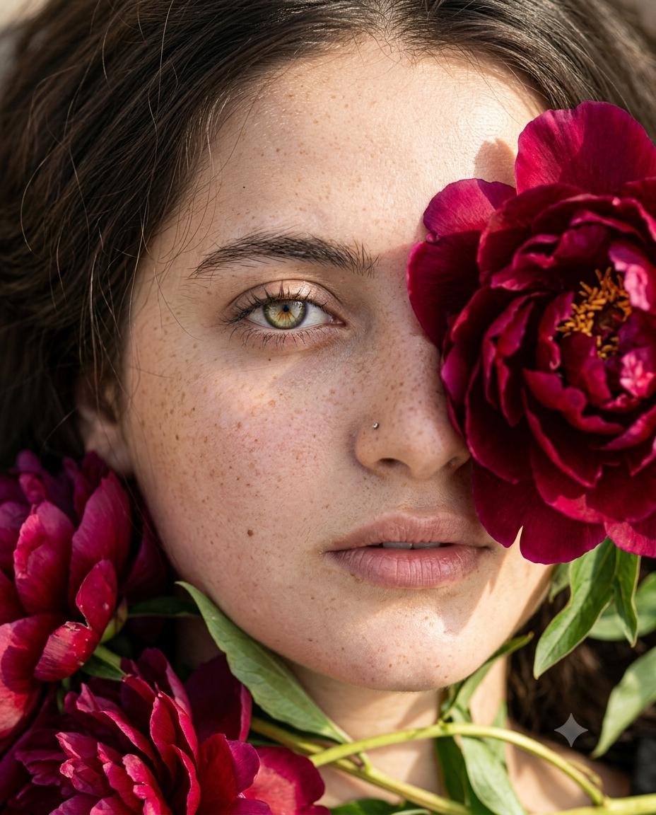 Ultra-Realistic Fine Art Beauty Portrait AI Image Prompt Gemini | Burgundy Peonies, Hazel-Green Eyes & Luxury Floral Editorial
