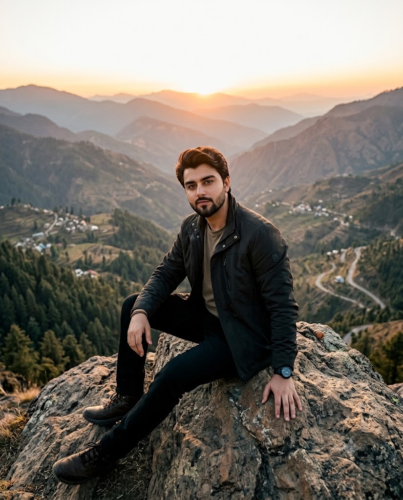 Ultra-Realistic Himalayan Mountain Sunset Travel Portrait of a Stylish Man AI Image Prompt