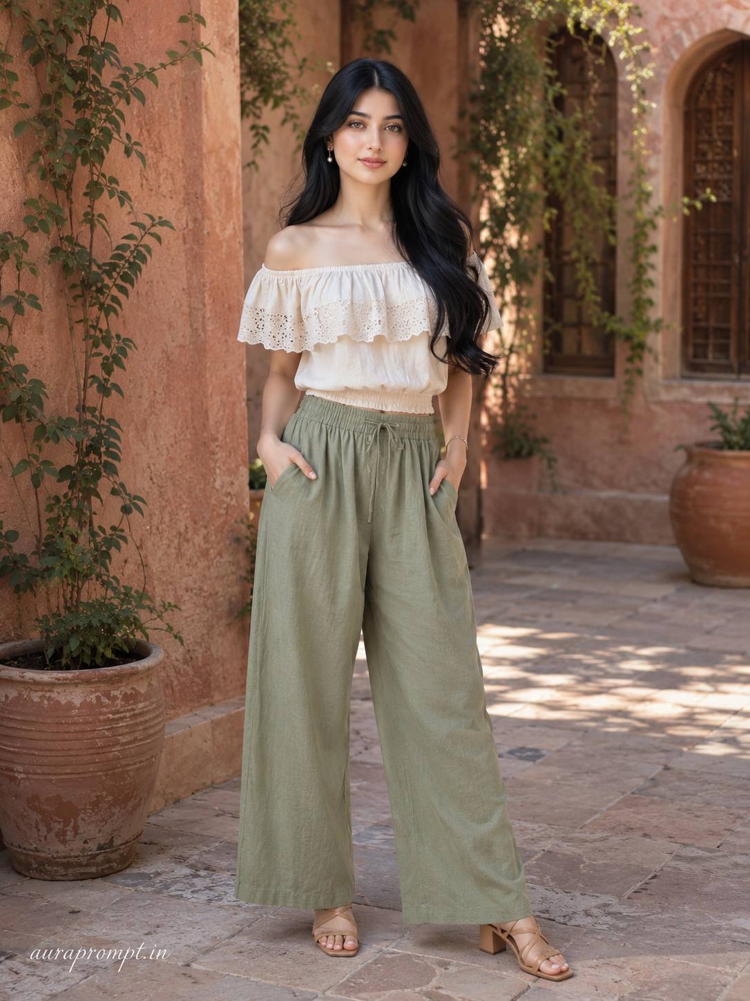 Ultra-Realistic Indian Woman Fashion Portrait Prompt | Cream Bardot Top & Sage Palazzo Look