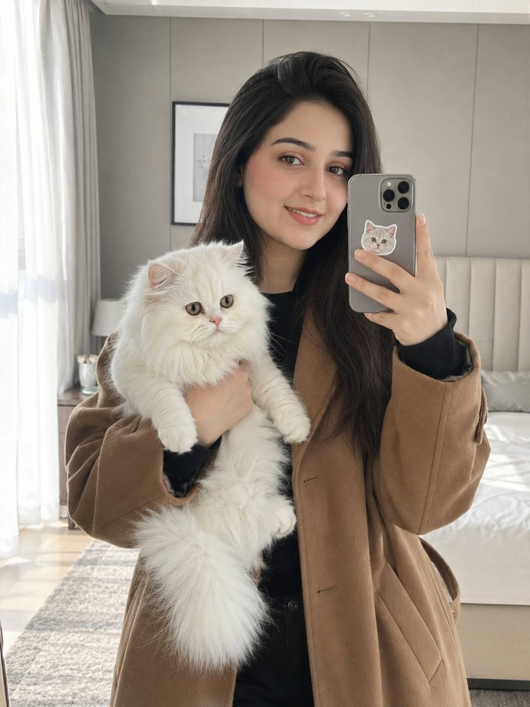 Ultra-Realistic iPhone Mirror Selfie with Persian Cat – Luxury Fashion AI Image Prompt