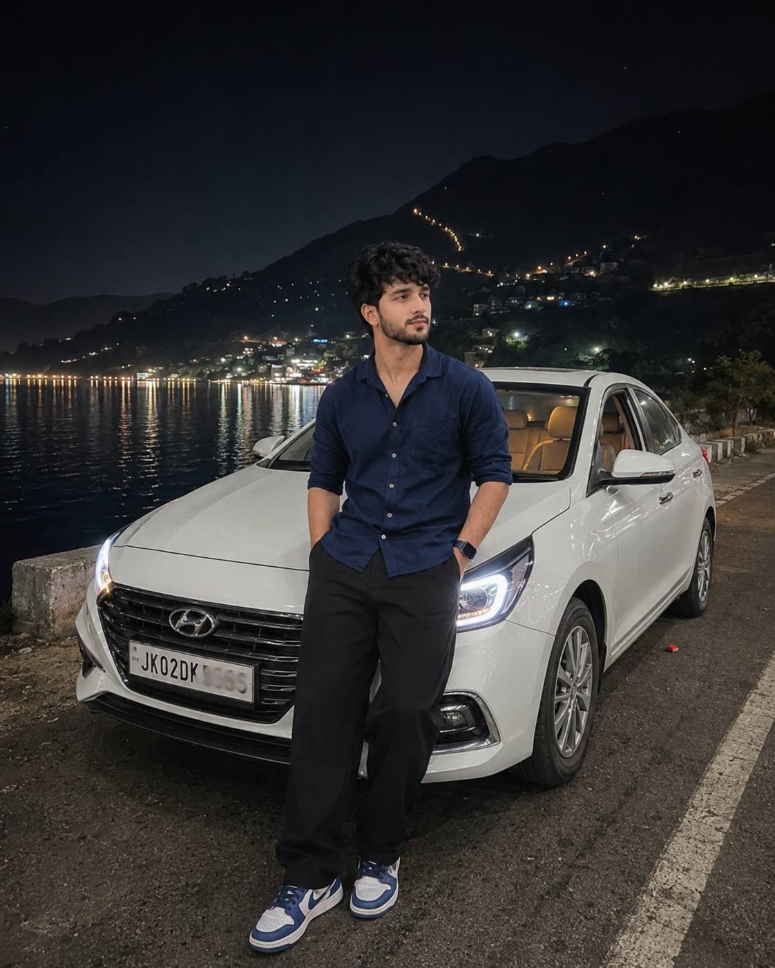 Ultra-Realistic iPhone Night Road Trip Portrait with Hyundai Sedan and Lakeside View | AI Image Prompt