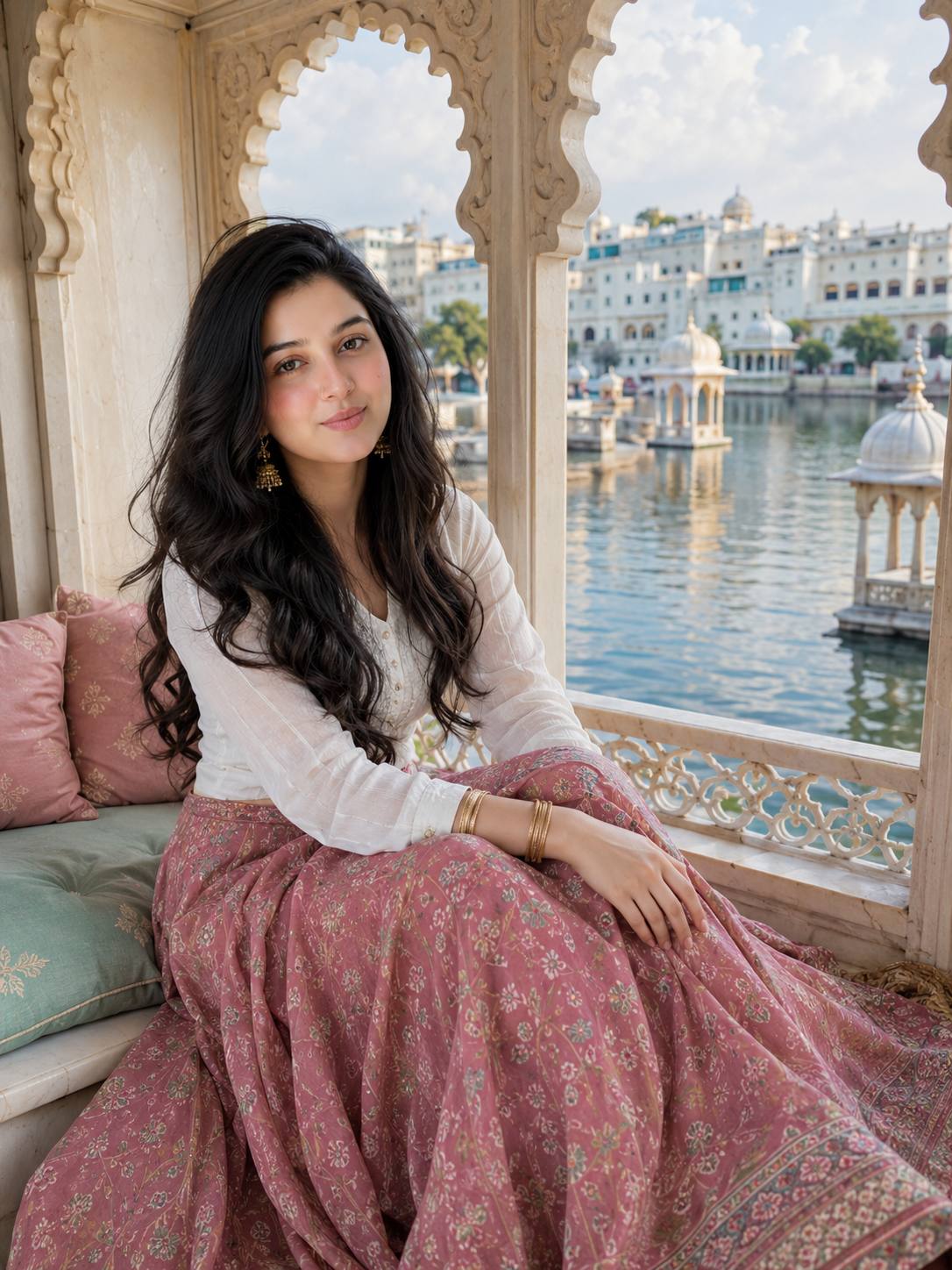Ultra-Realistic Lake Pichola Jharokha Portrait in Dusty Rose Skirt Ai Prompt