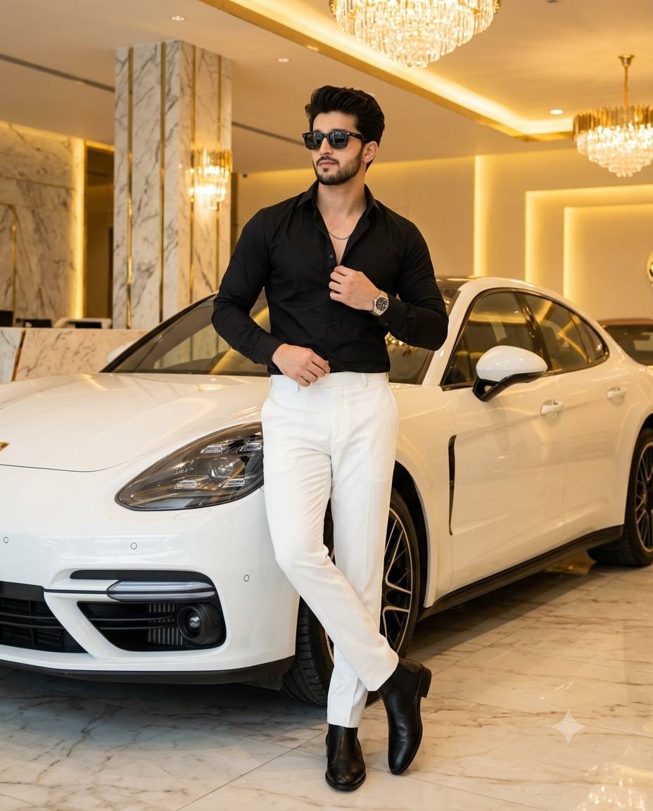 Luxury car showroom fashion portrait AI prompt | Ultra-realistic 8K identity lock