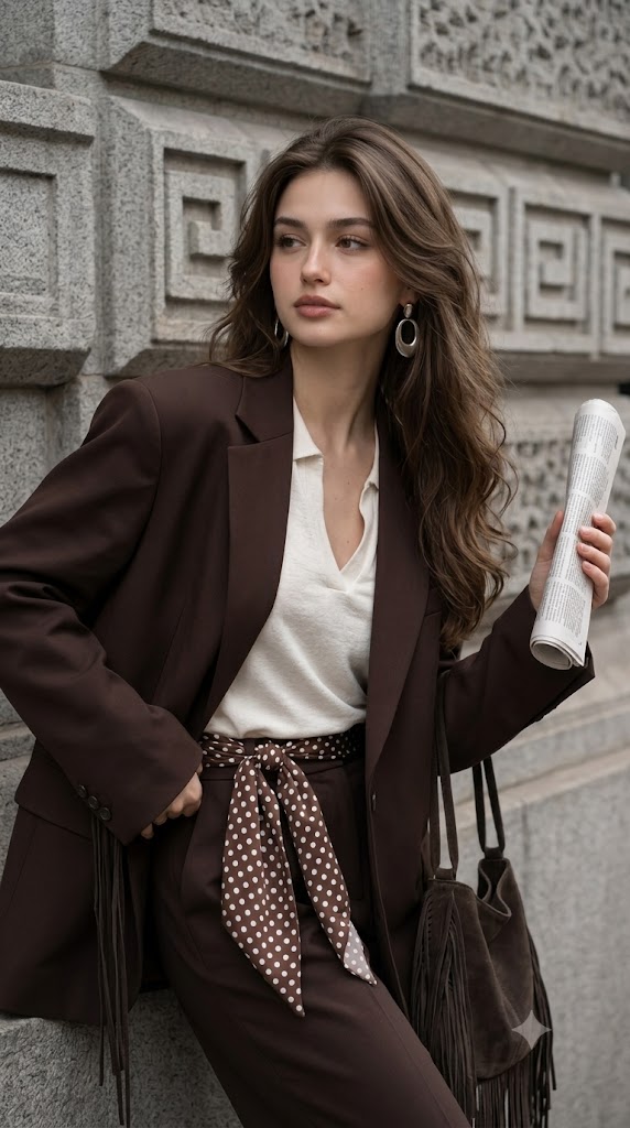 Ultra-Realistic Luxury City Fashion Portrait AI Prompt | Chocolate Brown Suit Editorial