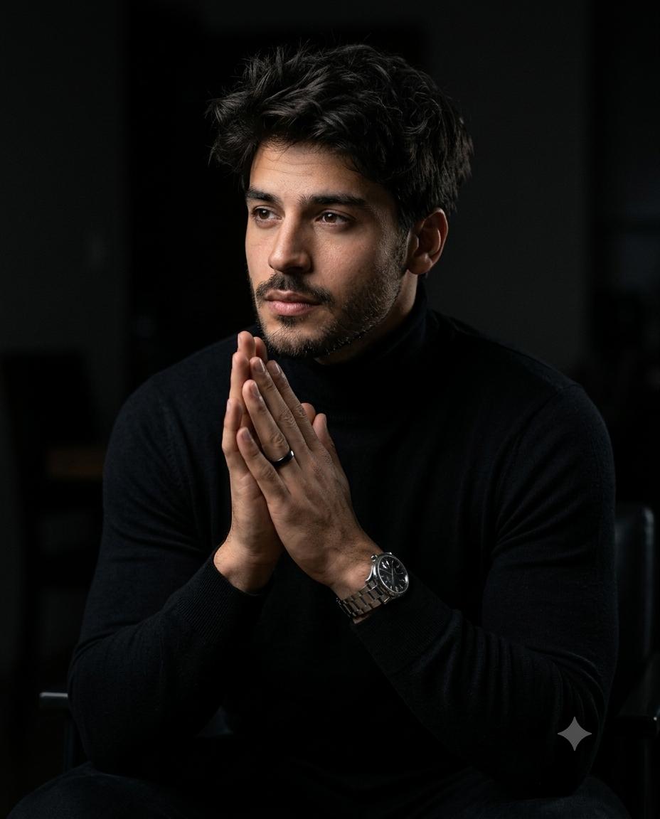 Cinematic moody Night Photography Portrait AI Image Prompt Gemini | Black Turtleneck, Luxury Silver Watch