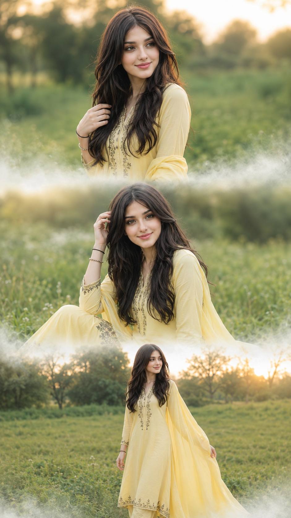 Ultra-Realistic Outdoor 3-Photo Vertical Collage Portrait in Green Field Ai prompt