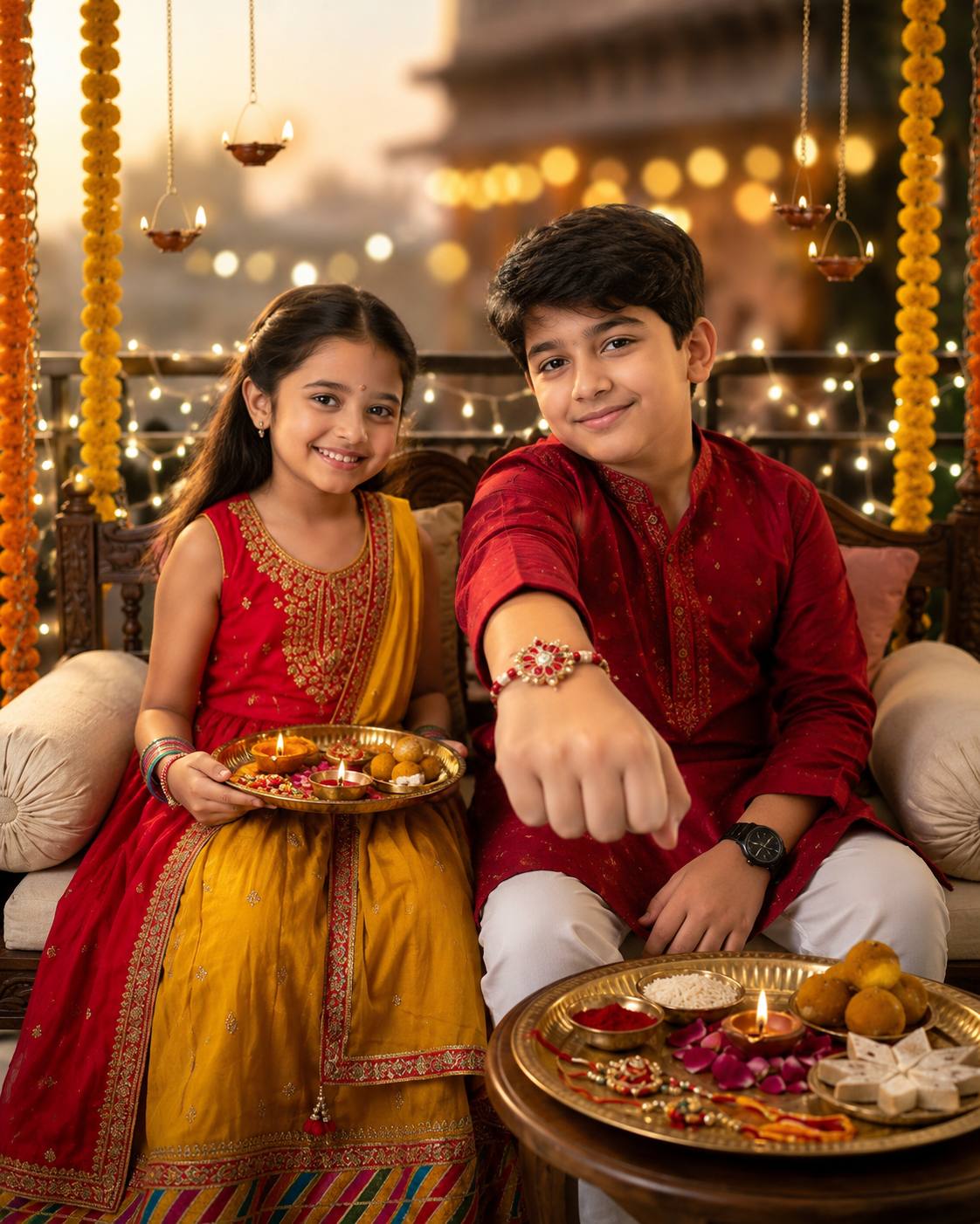 Ultra-Realistic Raksha Bandhan Sibling Portrait AI Image Prompt | 8K Cinematic Photo
