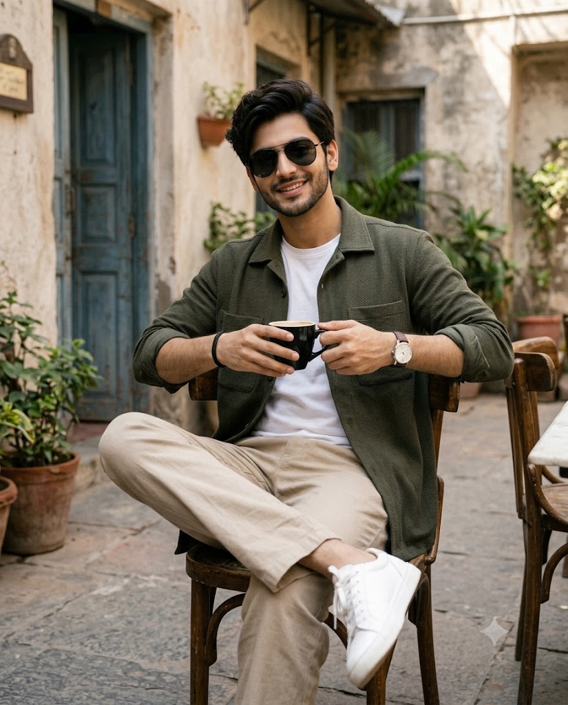 Ultra-Realistic Rustic Café Portrait of a Stylish South Asian Man AI Image Prompt