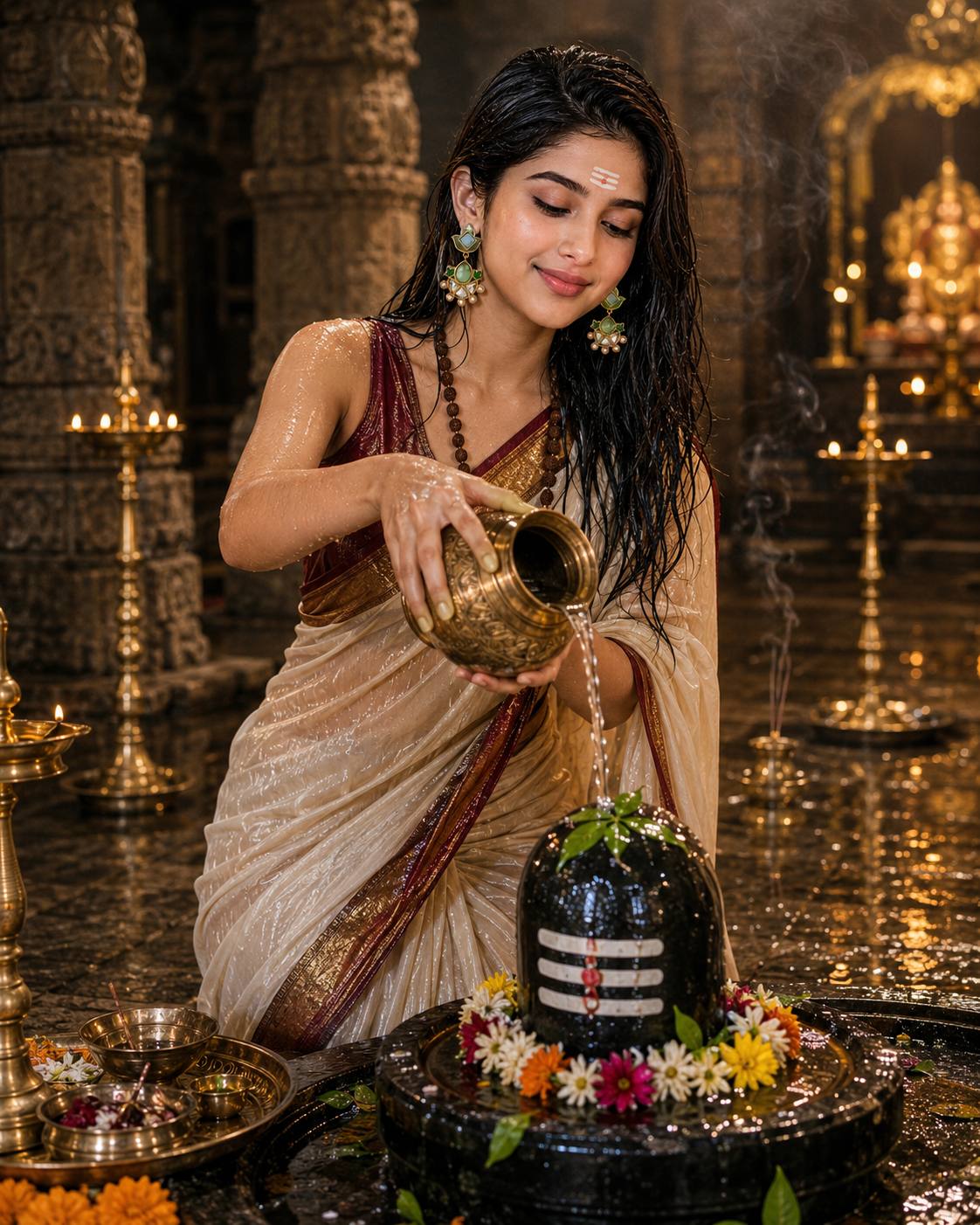 Ultra-Realistic Shiva Lingam Jal Abhishek Temple Portrait AI Image Prompt