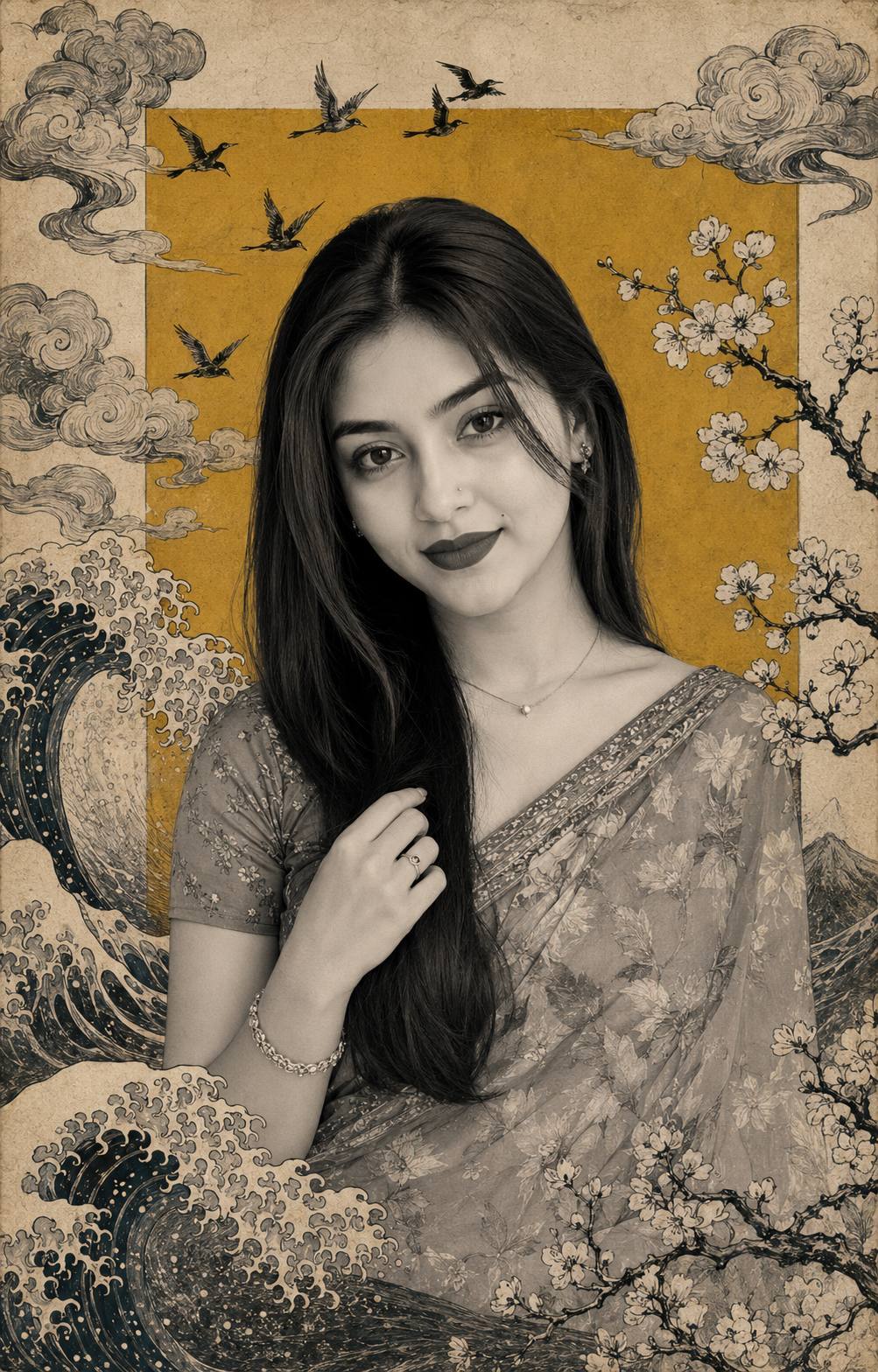 Ultra Realistic Pink Saree AI Prompt | Japanese Ukiyo-e Wave Aesthetic