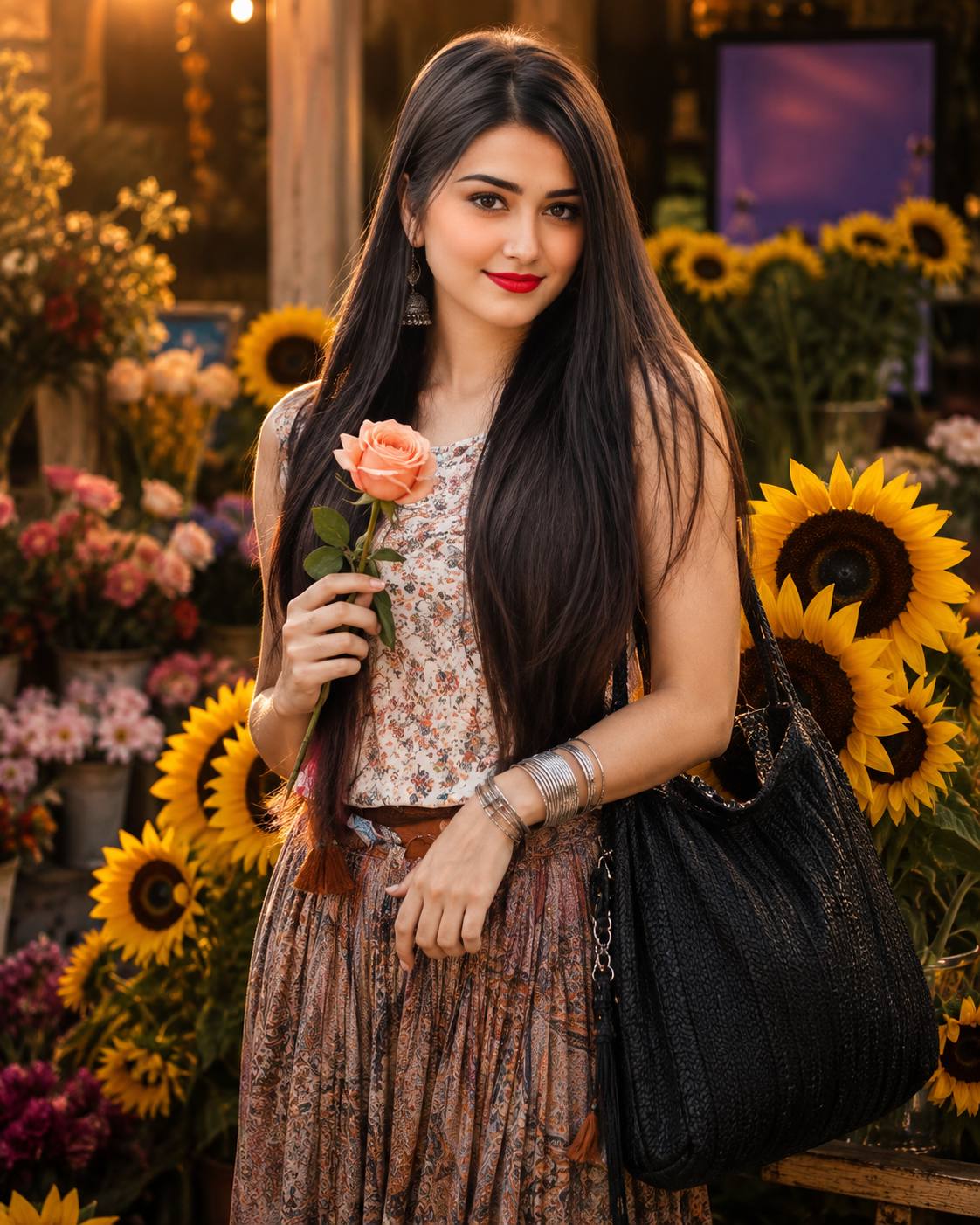 Ultra-Realistic South Asian Woman in Sunflower Flower Market Image Ai Prompt