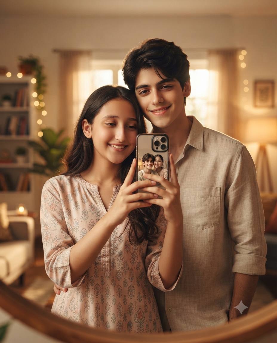 Ultra-Realistic South Indian Couple Mirror Selfie – Romantic Cinematic AI Image Prompt